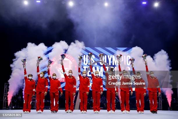 The women representing Team USA pose following the Women's competition of the 2021 U.S. Gymnastics Olympic Trials at America’s Center on June 27,...