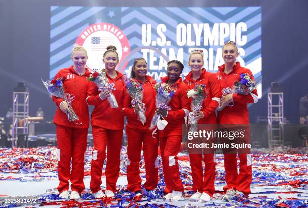 Jade Carey, Sunisa Lee, Jordan Chiles, Simone Biles, Mykayla Skinner and Grace McCallum, the women that will represent Team USA, pose following the...