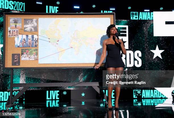 Taraji P. Henson speaks onstage at the BET Awards 2021 at Microsoft Theater on June 27, 2021 in Los Angeles, California.