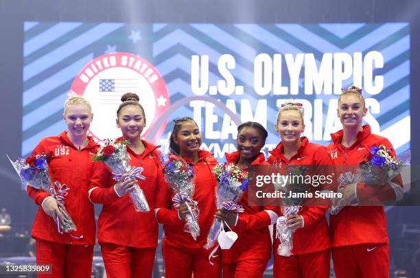 Jade Carey, Sunisa Lee, Jordan Chiles, Simone Biles, Mykayla Skinner and Grace McCallum, the women that will represent Team USA, pose following the...