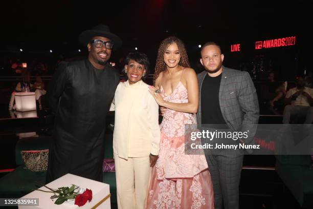 Mikael Moore, Congresswoman Maxine Waters, Andra Day and a guest attend the BET Awards 2021 at Microsoft Theater on June 27, 2021 in Los Angeles,...