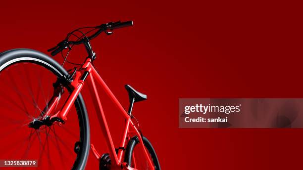 red mountain bike on red background - bicycle tire stock pictures, royalty-free photos & images