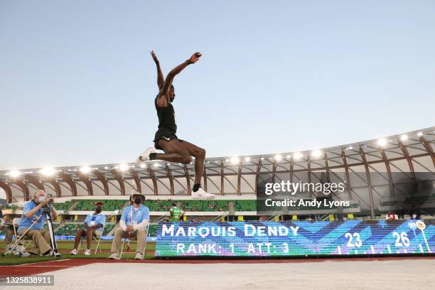 Marquis Dendy competes in the Men's Long Jump final during day ten of the 2020 U.S. Olympic Track & Field Team Trials at Hayward Field on June 27,...