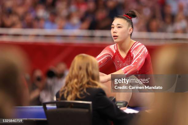 Emily Lee reacts after falling in the floor exercise during the Women's competition of the 2021 U.S. Gymnastics Olympic Trials at America’s Center on...