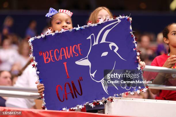 Young fan holds a sign during the Women's competition of the 2021 U.S. Gymnastics Olympic Trials at America’s Center on June 27, 2021 in St Louis,...