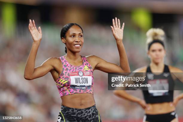 Ajee' Wilson reacts after competing in the Women's 800 Meter Run Final during day ten of the 2020 U.S. Olympic Track & Field Team Trials at Hayward...