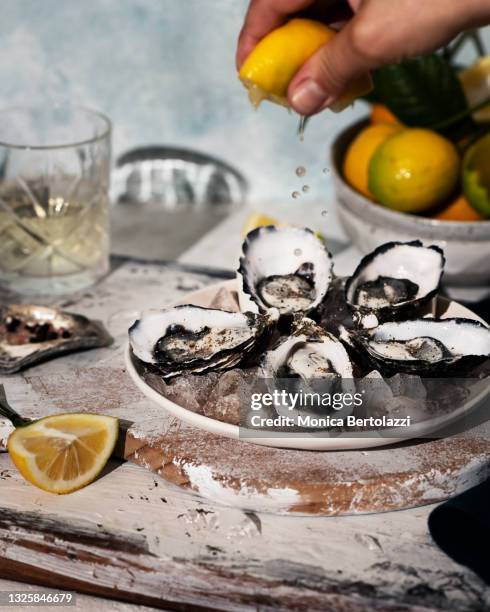 fresh raw oysters with lemons - seafood stock pictures, royalty-free photos & images