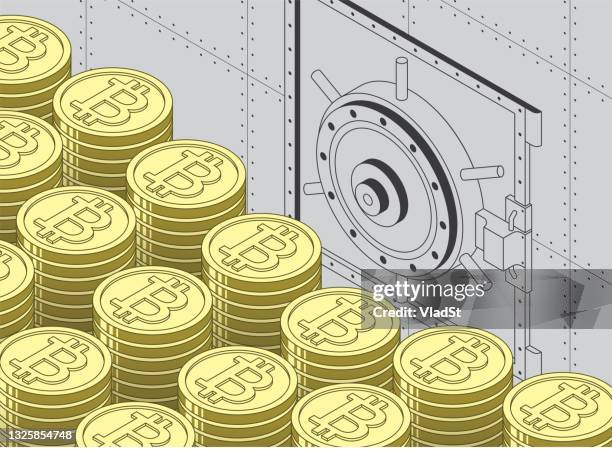 bank vault with bitcoin cryptocurrency savings digital currency investment - bitcoin stock illustrations
