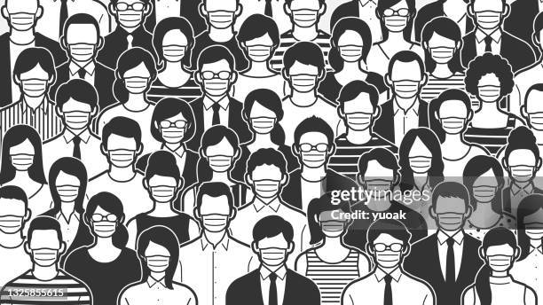 bildbanksillustrationer, clip art samt tecknat material och ikoner med crowd of people wearing a face mask . - マンガ