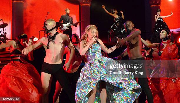 Singer Kylie Minogue performs onstage during her "Aphrodite Live" Tour, her second North American tour, in support of the "Aphrodite" album at the...