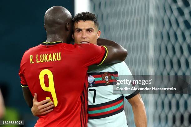 Romelu Lukaku of Belgium consoles Cristiano Ronaldo of Portugal following the UEFA Euro 2020 Championship Round of 16 match between Belgium and...