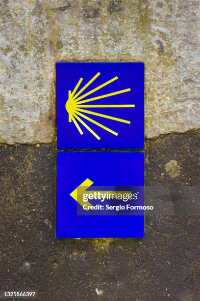camino de santiago arrow in galicia - shell road stock pictures, royalty-free photos & images
