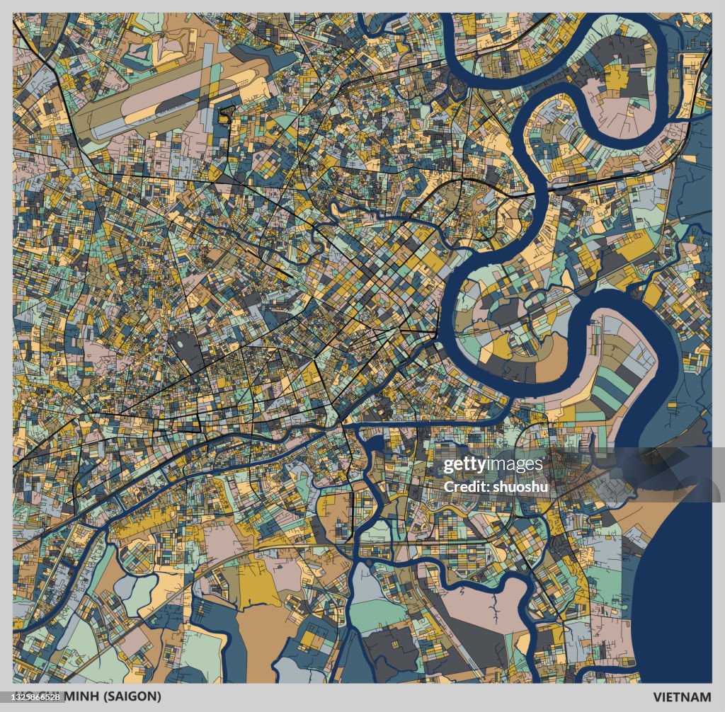 Color art illustration style map,Ho Chi Minh city(Saigon),Vietnam