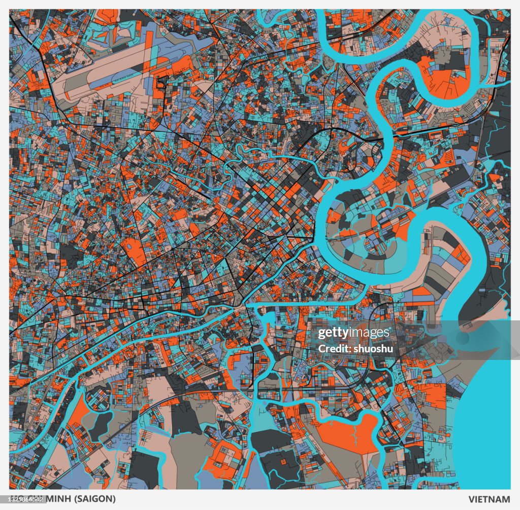 Color art illustration style map,Ho Chi Minh city(Saigon),Vietnam.map data Made with Natural Earth.