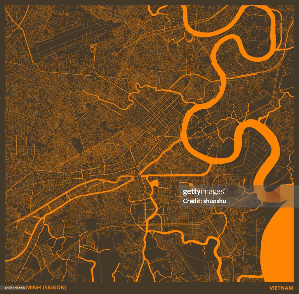 Color art illustration style map,Ho Chi Minh city(Saigon),Vietnam