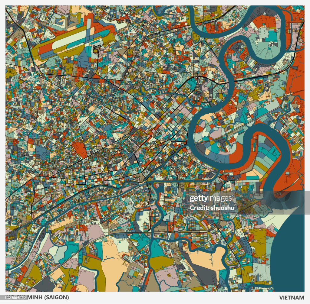 Color art illustration style map,Ho Chi Minh city(Saigon),Vietnam