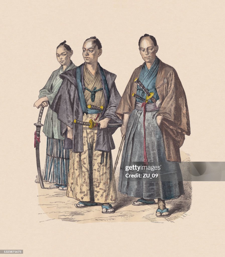19th century, Japanese costumes, hand-colored wood engraving, published c1880