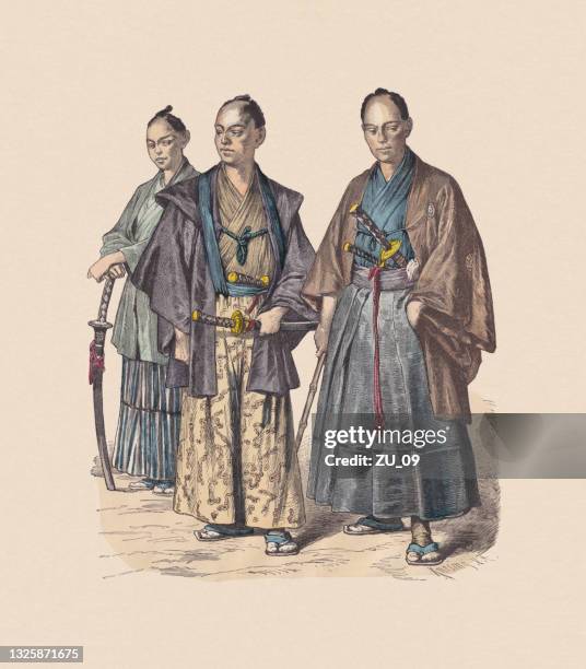 19th century, japanese costumes, hand-colored wood engraving, published c1880 - samurai stock illustrations