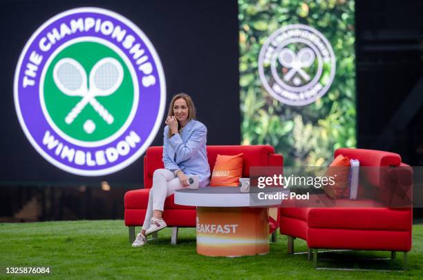 Breakfast presenter Sally Nugent looks on from a sofa on The Hill during a break in her morning broadcasting ahead of Day One of The Championships -...