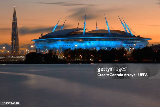 General view of Gazprom Arena and Lakhta Center tower on June 28, 2021 in Saint Petersburg, Russia.