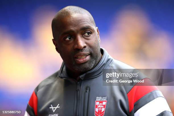 Craig Richards, Head Coach of England looks on following the Rugby League International match between England Women and Wales Women at The Halliwell...