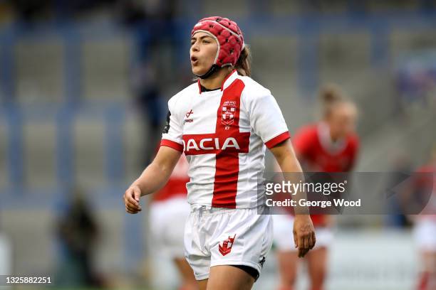 Emily Rudge of England reacts during the Rugby League International match between England Women and Wales Women at The Halliwell Jones Stadium on...