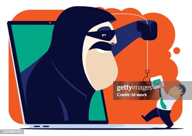 stockillustraties, clipart, cartoons en iconen met hacker and businessman competing email icon via laptop - phishing