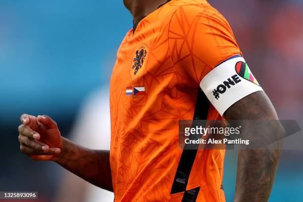 Detailed view of a 'One Love' captain's armband worn by Georginio Wijnaldum of The Netherlands during the UEFA Euro 2020 Championship Round of 16...