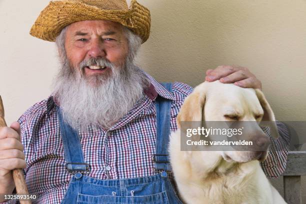 old man with his beloved dog - senior man grey long hair stock pictures, royalty-free photos & images