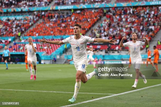 Patrik Schick of Czech Republic celebrates after scoring their side's second goal during the UEFA Euro 2020 Championship Round of 16 match between...