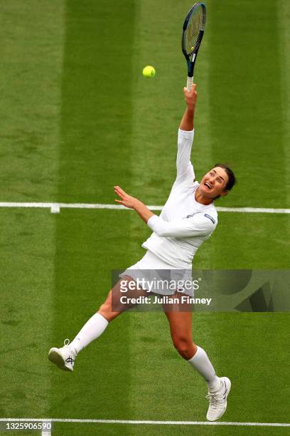 Monica Niculescu of Romania plays a forehand volley in her Ladies' Singles First Round match against Aryna Sabalenka of Belarus during Day One of The...