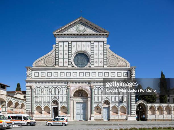 The facade of the Basilica of Santa Maria Novella in the homonymous square. Florence , April 17th, 2021