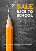 Back to school poster, pencil on green chalkboard background. Vector illustration