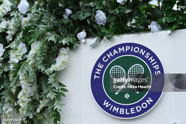 General view of a Wimbledon Championships logo seen in the grounds during Day One of The Championships - Wimbledon 2021 at All England Lawn Tennis...