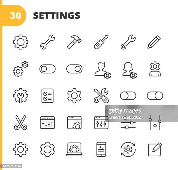 einstellungen und werkzeugliniensymbole. bearbeitbarer strich. pixel perfekt. für mobile und web. enthält symbole wie arbeitswerkzeug, ausrüstung, ausrüstung, einstellungssymbol, engineering, maschinenteil, fortschritt, teamarbeit, technologie, betrieb - schraubenschlüssel stock-grafiken, -clipart, -cartoons und -symbole