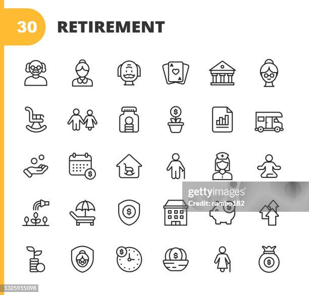 ruhestandsliniensymbole. bearbeitbarer strich. pixel perfekt. für mobile und web. enthält symboleweise senior, couple, rocking chair, savings, investment, holiday, retirement home, gardening, insurance, budget, piggy bank, finance, nest egg. - pensionisten stock-grafiken, -clipart, -cartoons und -symbole