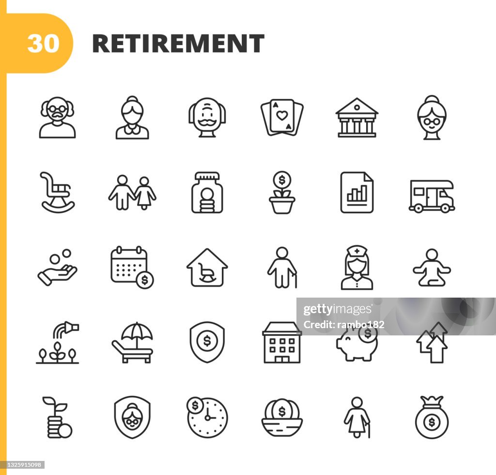 Retirement Line Icons. Editable Stroke. Pixel Perfect. For Mobile and Web. Contains such icons as Senior, Couple, Rocking Chair, Savings, Investment, Holiday, Retirement Home,  Gardening, Insurance, Budget, Piggy Bank, Finance, Nest Egg.