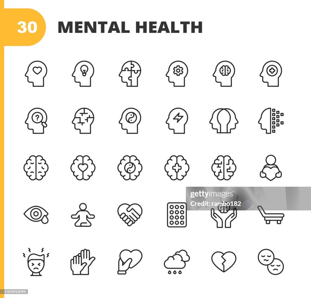 Mental Health and Wellbeing Line Icons. Editable Stroke. Pixel Perfect. For Mobile and Web. Contains such icons as Anxiety, Care, Depression, Emotional Stress, Healthcare, Medicine, Human Brain, Loneliness, Psychotherapy, Sadness, Support, Therapy.