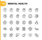 Mental Health and Wellbeing Line Icons. Editable Stroke. Pixel Perfect. For Mobile and Web. Contains such icons as Anxiety, Care, Depression, Emotional Stress, Healthcare, Medicine, Human Brain, Loneliness, Psychotherapy, Sadness, Support, Therapy.