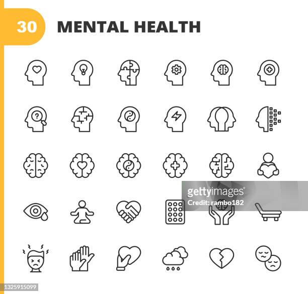 mental health and wellbeing line icons. editable stroke. pixel perfect. for mobile and web. contains such icons as anxiety, care, depression, emotional stress, healthcare, medicine, human brain, loneliness, psychotherapy, sadness, support, therapy. - emotion stock illustrations