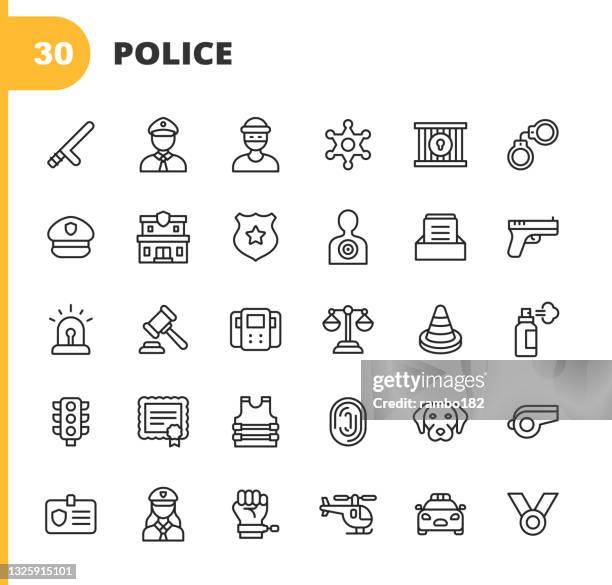 ilustrações de stock, clip art, desenhos animados e ícones de police and law enforcement line icons. editable stroke. pixel perfect. for mobile and web. contains such icons as policeman, policewoman, thief, handcuffs, vest, police station, gun, law, traffic, prison, car, dog, criminal, security, sheriff, detective. - mulher polícia