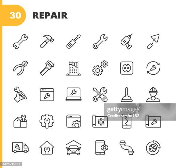 ilustrações, clipart, desenhos animados e ícones de ícones da linha de reparo. golpe editável. pixel perfeito. para mobile e web. contém ícones como chave inglesa, chave de fenda, reparos, ferramentas de trabalho, serviço, oficina, engrenagem, engenharia, manutenção, garagem, construção, mecânico, - reforma assunto