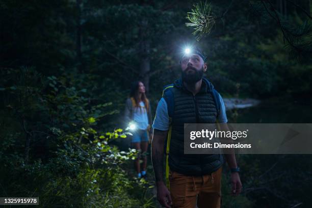 hikers exploring the woods by the lake - man with torch stock pictures, royalty-free photos & images