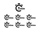 Timer vector icons. 1, 2, 3, 4, 5, 10 and 15 minutes stopwatch symbols. Vector illustration EPS 10