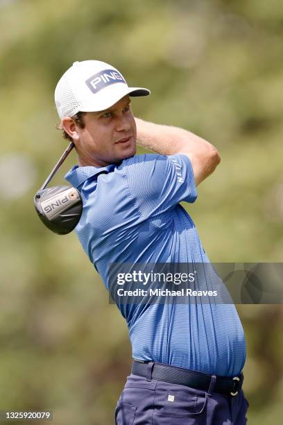 Harris English of the United States plays his shot from the sixth tee during the final round of the Travelers Championship at TPC River Highlands on...