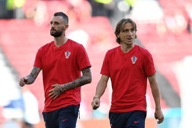 Marcelo Brozovic and Luka Modric of Croatia look on as they inspect the pitch prior to the UEFA Euro 2020 Championship Round of 16 match between...