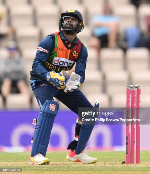 Niroshan Dickwella of Sri Lanka looks up during the third T20 International against England at the Ageas Bowl on June 26, 2021 in Southampton,...