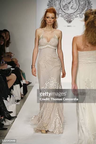 Model walks the runway at the Coco Johnsen Spring 2008 fashion show during Mercedes Benz Fashion Week held at Smashbox Studios on October 15, 2007 in...