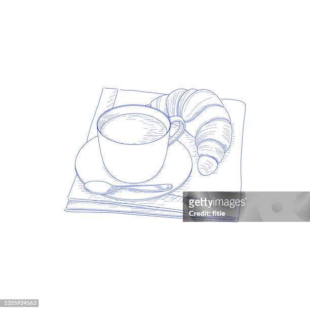 detailed line artwork with cup of coffee , croissant and handkerchief. - croissant stock illustrations