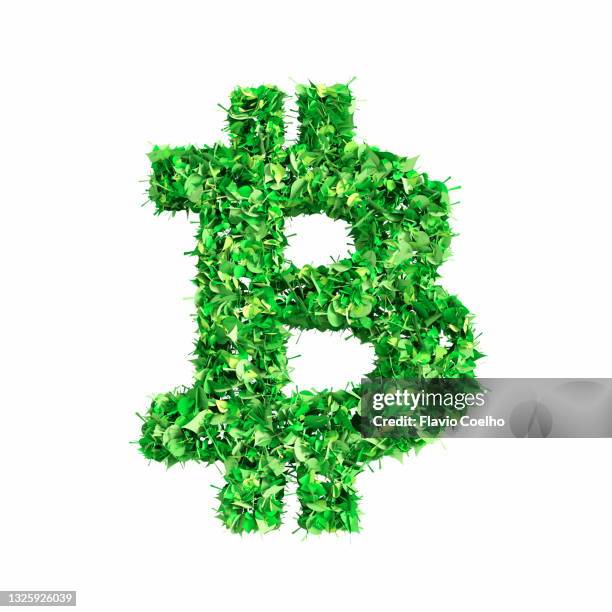 3d bitcoin sign with green leaves depicting the esg concept - climate finance stock pictures, royalty-free photos & images